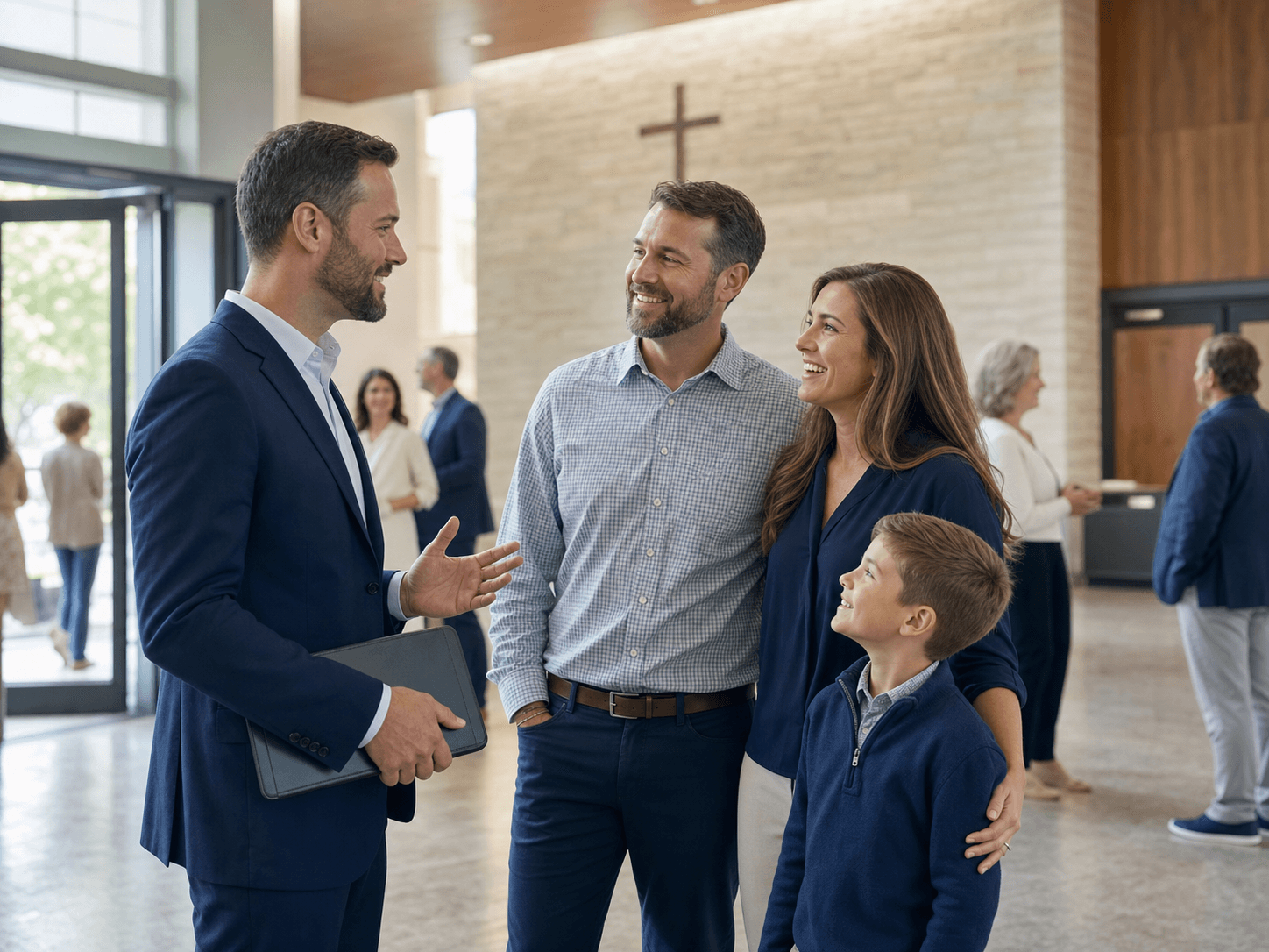 A River Relief advisor speaking with a family in a welcoming faith community setting